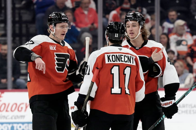 It is no surprise that Christian Dvorak (left), Travis Konecny, and Trevor Zegras' struggles as a line have coincided with the team's recent dip.