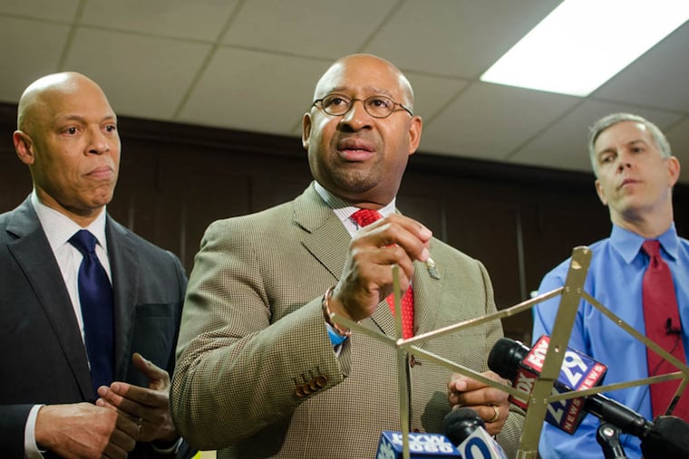 Mayor Nutter discusses the state of education along with Superintendent William Hite (left) and U.S. Secretary of Education Arne Duncan (right). (MEAGHAN POGUE / STAFF PHOTOGRAPHER)
