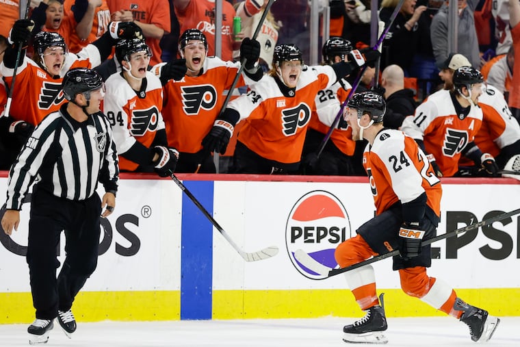 Defenseman Nick Seeler celebrates his goal which gave the Flyers a 3-1 lead in the second period of Wednesday's 5-2 Game 3 win over Pittsburgh.
