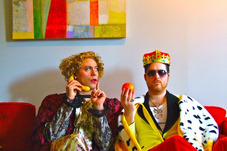 Performer Johnny Shortcake (right, David Sweeny, pictured here with drag performer Martha Graham Cracker) hosts a Mister Rogers Neighborhood-like show from his South Philly home every Sunday morning on Facebook Live.