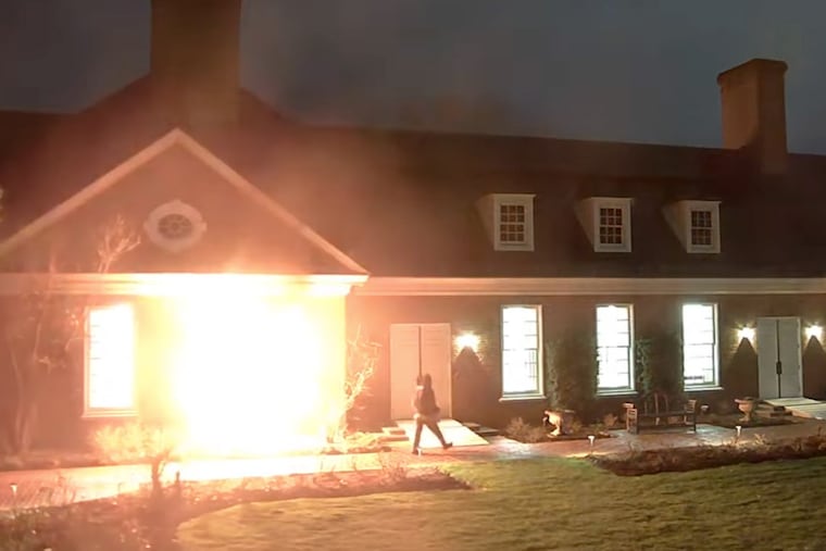 In a screen capture taken from security video at the governor’s mansion in Harrisburg, Cody Balmer is seen setting fire to the building, breaking windows and kicking at interior doors. Balmer pleaded guilty to attempted murder and related crimes on Tuesday and was sentenced to 25 to 50 years in prison.