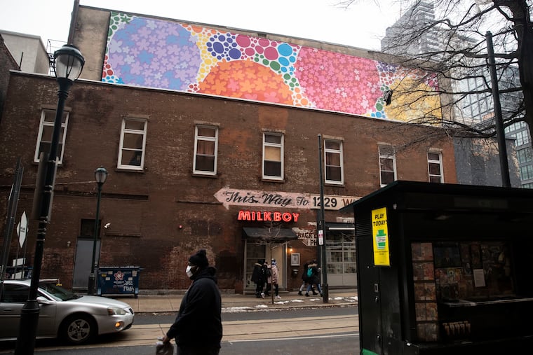 Michele Tremblay and Polly Apfelbaum's mural "Floating Dogwood," seen near the corner of 11th and Chestnut Streets in Center City, Philadelphia, Pa. on Tuesday, February 9, 2021.