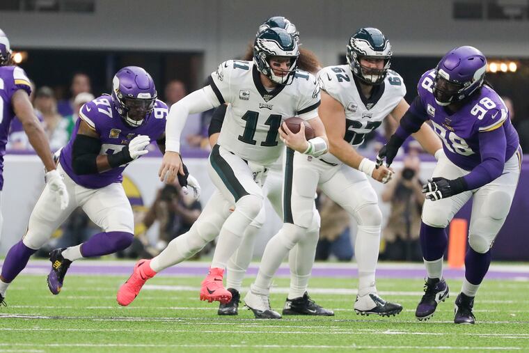 Sports betting in New Jersey and Pennsylvania surged in September, coinciding with the start of the professional and collegiate football seasons. Carson Wentz scrambles with the football against the Minnesota Vikings on Sunday, October 13, 2019 in Minneapolis.