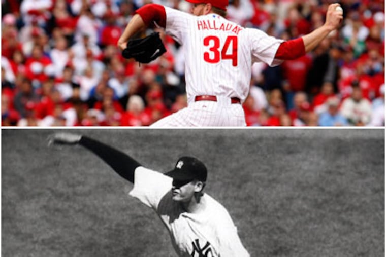 Only the Phillies' Roy Halladay, top, and Don Larsen, bottom, have thrown ho-hitters in the post season. (David Maialetti / Staff, AP)