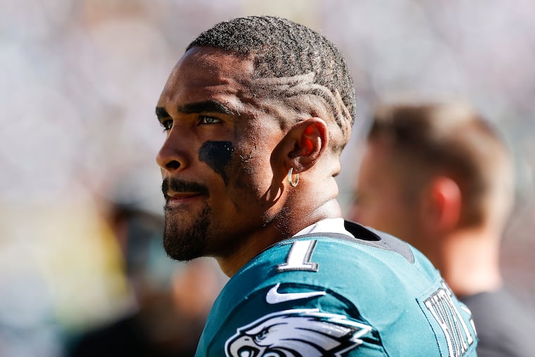 Eagles quarterback Jalen Hurts on the sidelines against the San Francisco 49ers on Sept. 19 in Philadelphia.