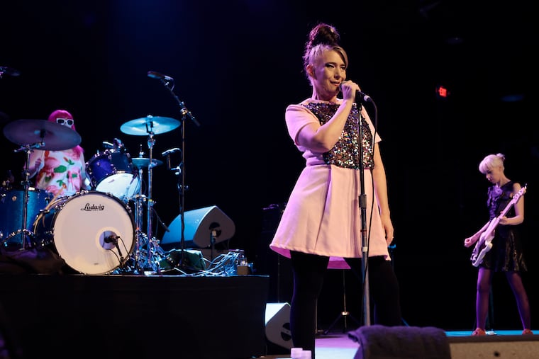 Drummer Tobi Vail, singer Kathleen Hanna and bassist Kathi Wilcox of Bikini Kill perform for a full house at the Franklin Music Hall in Philadelphia Friday.