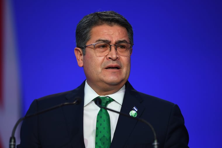 Former Honduras President Juan Orlando Hernandez speaks in 2021.
