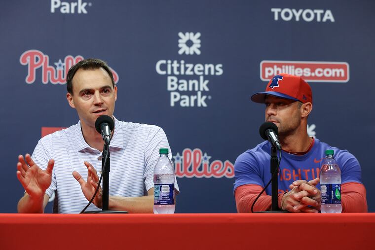 Phillies GM Matt Klentak (left) and manager Gabe Kapler last month.