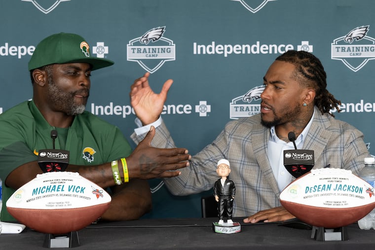 Former Eagles stars Michael Vick (left) and DeSean Jackson will square off as coaches for the first time Thursday night at the Linc.