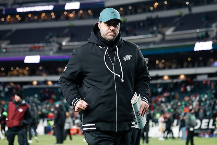 Eagles offensive coordinator Kevin Patullo leaves the field after the wild-card playoff loss to the 49ers.