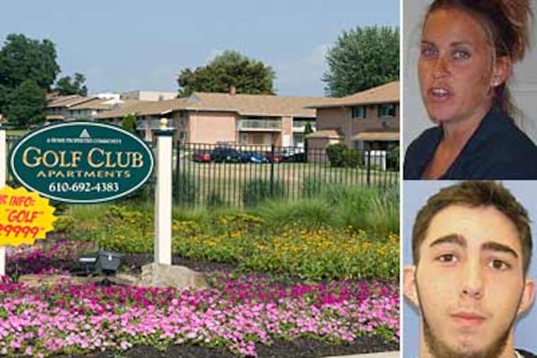 Police say Morgan Marie Mengel (top right) was having an affair with Stephen Michael Shappell (bottom right) and that they killed her husband, Kevin Mengel Jr. The Mengels lived in this Chester County apartment complex. (Clem Murray / Staff Photographer)