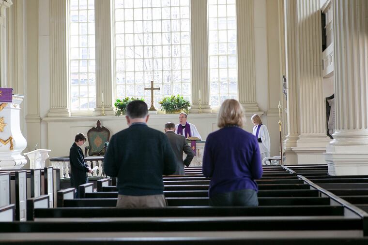 Christ Church in Old City holds Sunday service to an almost empty church amid the widening coronavirus outbreak. Congregants were urged to stay home and watch a livestream on Facebook.