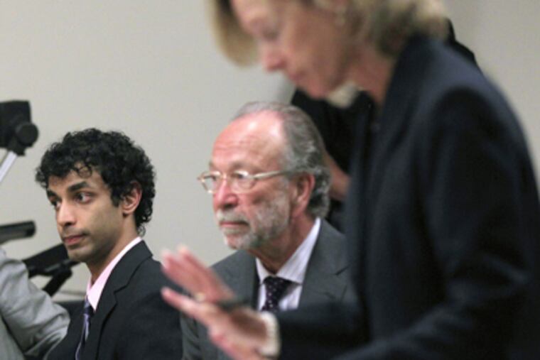 Dharun Ravi (left) and his attorney Steve Altman listen as prosecutor Julia McClure, reacts to Ravi's 30-day sentence. (Mel Evans / Associated Press)