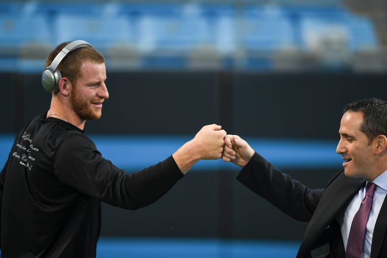 Happier days for Carson Wentz and Howie Roseman, who pretty much has to trade his franchise QB after all that's happened this offseason.