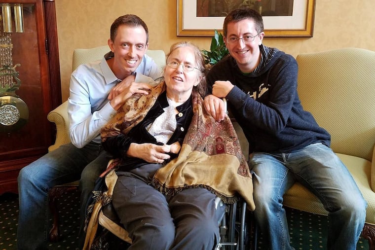 David Wertime (left), his mother Marcia Satterthwaite (center) and brother Geoffrey Wertime (right) in an October 2017 photo taken at Brandywine Living at Princeton.