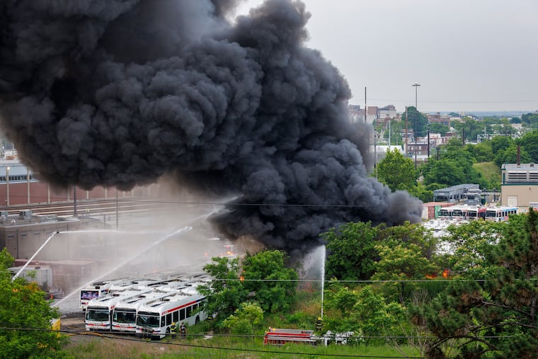 SEPTA buses on fire Thursday morning at the Roberts Yard SEPTA Railroad Facility in the Nicetown section of Philadelphia.