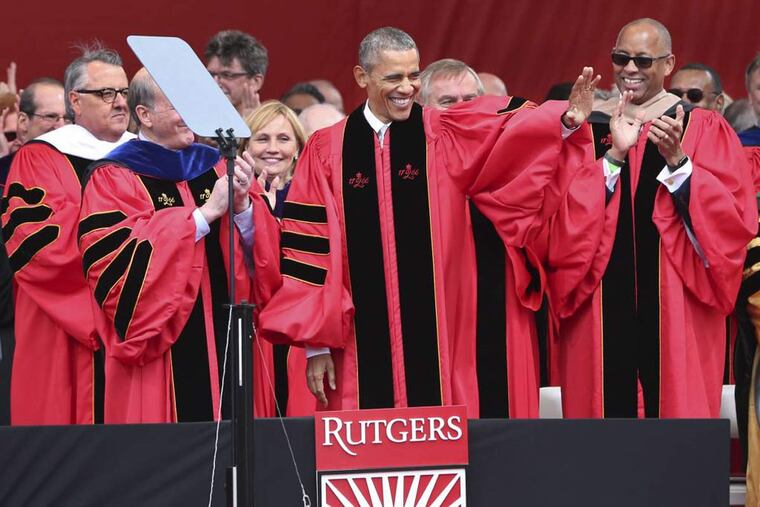 President Barack Obama waves as he arrives to delivered a commencement address at Rutgers graduation ceremonies Sunday, May 15, 2016 in Piscataway, N.J. President Obama delivered a commencement address at Rutgers University.