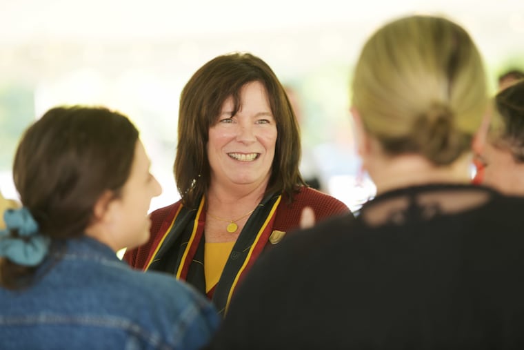 Former Ursinus College President Robyn Hannigan greets students at a campus venue where she announces the college’s intention to sign the Okanagan Charter at a news conference in 2022 shortly after she became president.