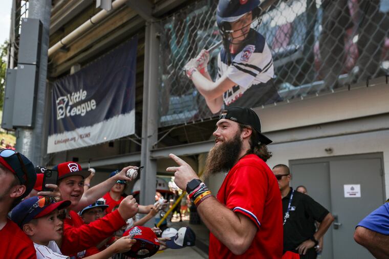 Brandon Marsh greets fans at Lamade Stadium during the Little League World Series in Williamsport, Pa. on Sunday.