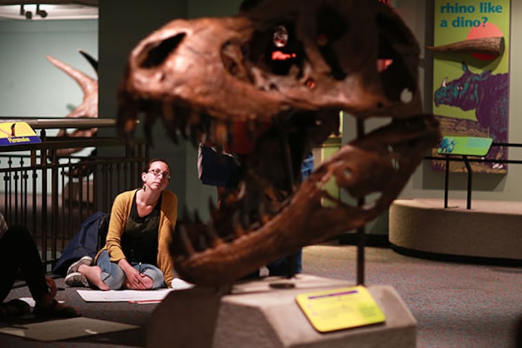 Meg Lemieur, 30, and other students sketch the skull of a T-Rex at the Academy of Natural Sciences on September 29, 2014. ( DAVID SWANSON / Staff Photographer )