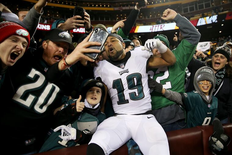 Eagles wide receiver Golden Tate (19) celebrates with fans in the stands after a game against the Washington Redskins at FedEx Field in Landover, Md., on Sunday, Dec. 30, 2018. The Eagles won 24-0.