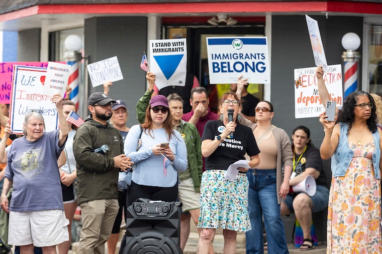 Rabbi Elyse Wechterman speaks during a rally to support immigrants in Norristown on June 7.