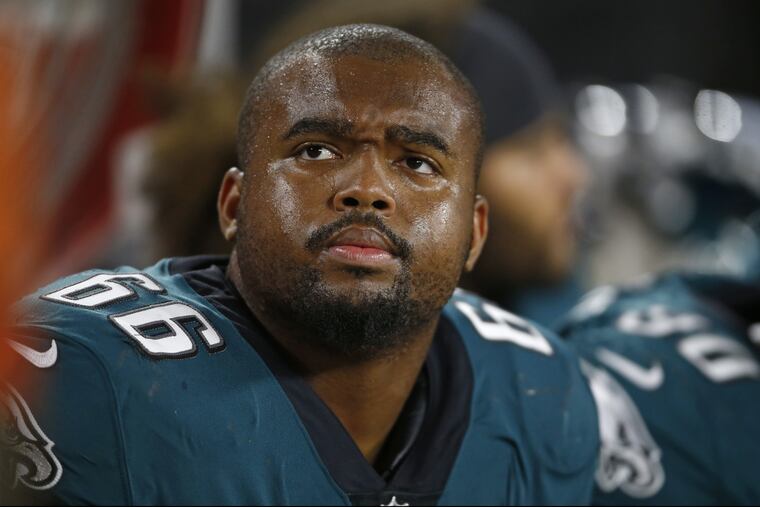 Philadelphia Eagles defensive tackle Bruce Hector watches during the second half of an NFL preseason football game against the Cleveland Browns, Thursday, Aug. 23, 2018, in Cleveland. (AP Photo/Ron Schwane)