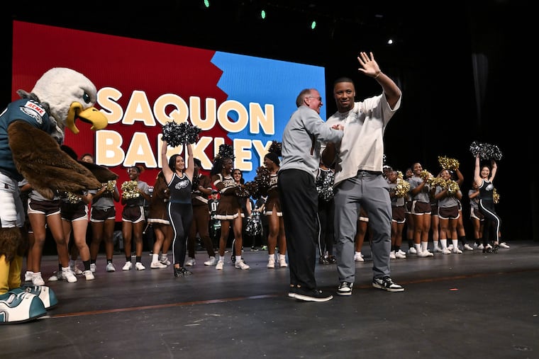 Saquon Barkley was the surprise guest at an assembly at the Milton Hershey School in Hershey on April 22.