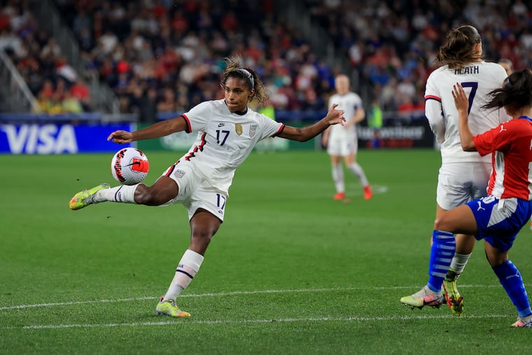 U.S. women's national team rising star Catarina Macario (left) has eight goals and two assists in 11 games for French club Lyon this season.