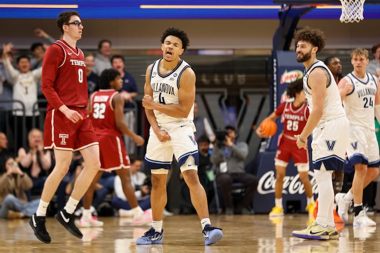 Villanova guard Tyler Perkins (4) reacts after sinking a three-pointer against Temple on Monday. The Wildcats will face Penn in the men's Big 5 Classic championship game.