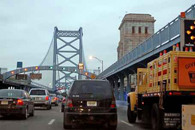 Tolls on the Benjamin Franklin, Walt Whitman, Commodore Barry, and Betsy Ross bridges were raised last year to pay off DRPA bonds that will be issued soon. They are scheduled to be raised again - to $5 - in September. (Tom Gralish / Staff Photographer