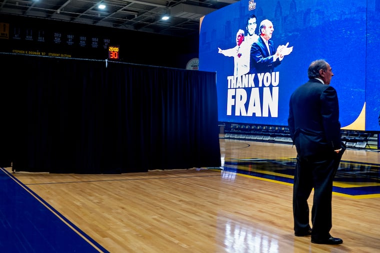 March 3, 2025: La Salle men's head basketball coach Fran Dunphy waits in the wings before a news conference last week in honor of his recent retirement announcement.