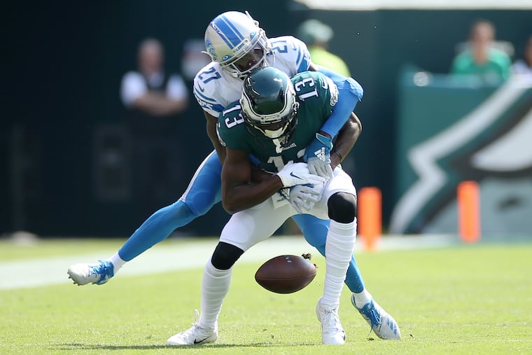 Detroit Lions cornerback Justin Coleman (27) breaks up a pass intended for Eagles wide receiver Nelson Agholor (13) in the second quarter of a game at Lincoln Financial Field in South Philadelphia on Sunday, Sept. 22, 2019.