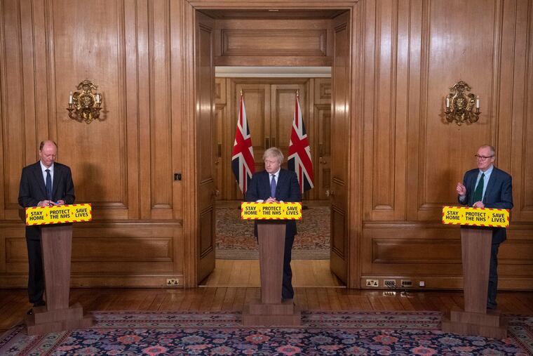 (From left) Britain's Chief Medical Officer Chris Whitty, Prime Minister Boris Johnson, and Chief Scientific Adviser Sir Patrick Vallance at a media briefing last week.