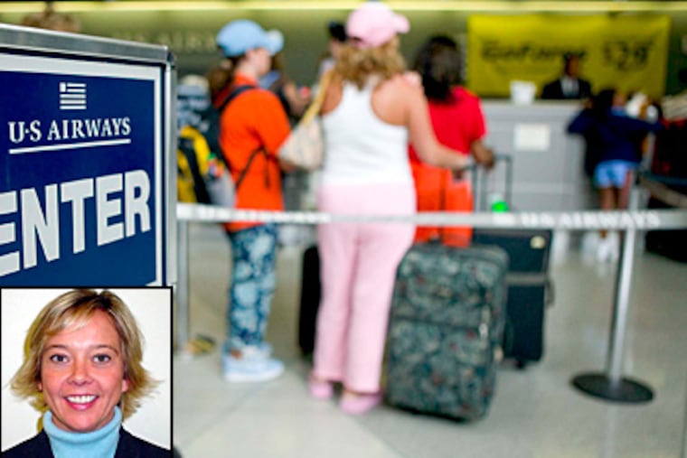 Travelers wait to check in at the Philadelphia airport in this file photo. Kathy Parker (inset) of Elkton, Md., says TSA screeners searched through receipts and checks in her wallet. (File)
