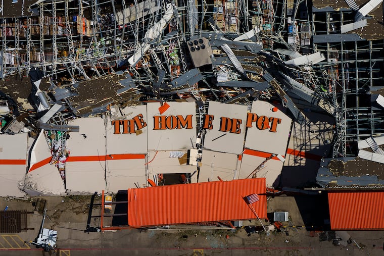 The destroyed Home Depot store at 11682 Forest Central Drive is seen in an aerial view of tornado damage on Monday, Oct. 21, 2019, in Dallas.