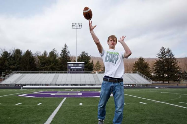 Tucker Yost will be the starting quarterback for "The Indians" this season. He is in Shamokin Area Kemp Memorial Stadium. February 4, 2013. ( MICHAEL S. WIRTZ / Staff Photographer ).
