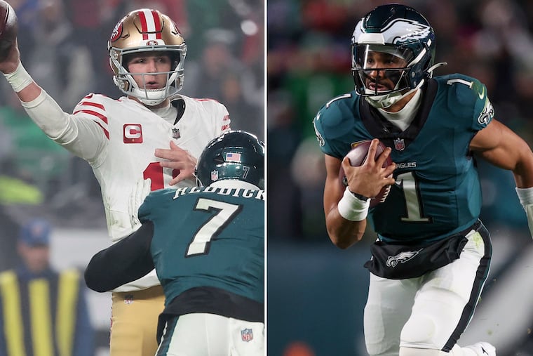 Quarterback Brock Purdy and the 49ers visit Jalen Hurts and the Eagles Sunday in an NFC wild-card game.