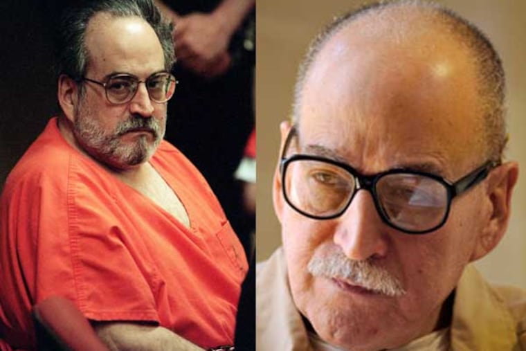 Left: Len Jenoff sits in at the Camden County Justice Center in Camden, N.J., on Tuesday, May 2, 2000, during his arraignment for his involvement in the 1994 murder of Carol Neulander, wife of Rabbi Fred J. Neulander, of Cherry Hill. (File Photo: Alejandro A. Alvarez / Staff Photographer) Right: Len Jenoff talks to reporter Craig McCoy inside Bayside State Prison February 6, 2012. (File Photo: Tom Gralish / Staff Photographer)