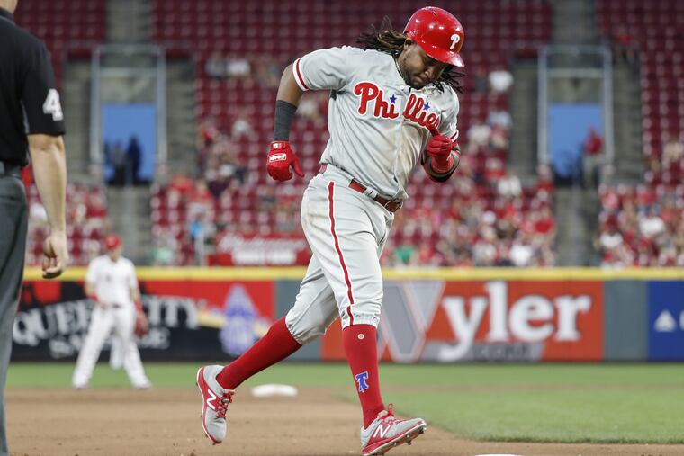 Maikel Franco rounds the bases after hitting a solo home run off Cincinnati Reds relief pitcher Michael Lorenzen during the fifth inning.