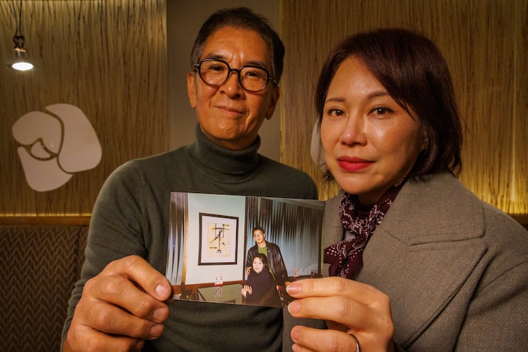 Robert and Patti Moon, owners of Shiroi Hana, with a photograph of themselves from the 1990s.