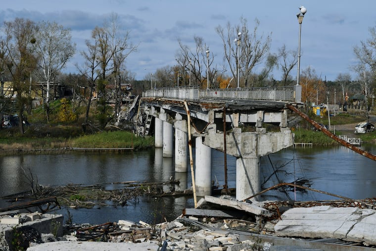 A view of a destroyed bridge across the Siverskyi-Donets river in the liberated town of Sviatohirsk, Donetsk region, Ukraine, Saturday, Oct. 29, 2022.