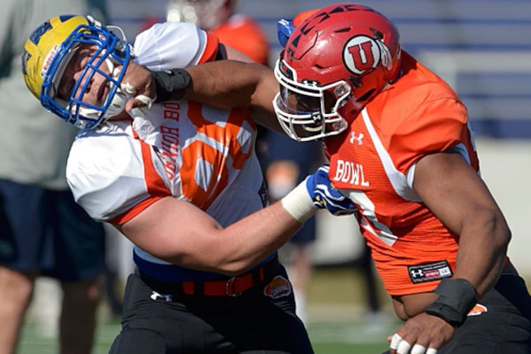 Defensive end Nate Orchard of Utah (right) during Senior Bowl North squad practice at Ladd-Peebles Stadium. (Glenn Andrews/USA TODAY Sports)
