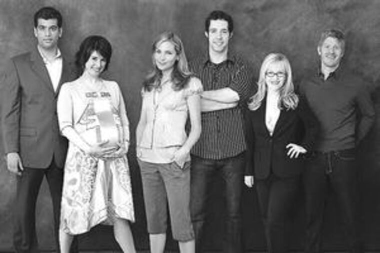 "Notes" revolves around the pregnancy of Jennifer Westfeldt (third from left). The rest of the cast is (from left): Sunkrish Bala, Melanie Paxson, Peter Cambor, Rachael Harris and Michael Weaver.