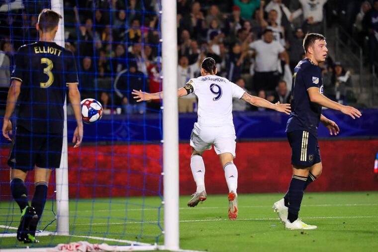 Zlatan Ibrahimovic celebrates after scoring one of his goals in the Los Angeles Galaxy's 2-0 win over the Philadelphia Union.