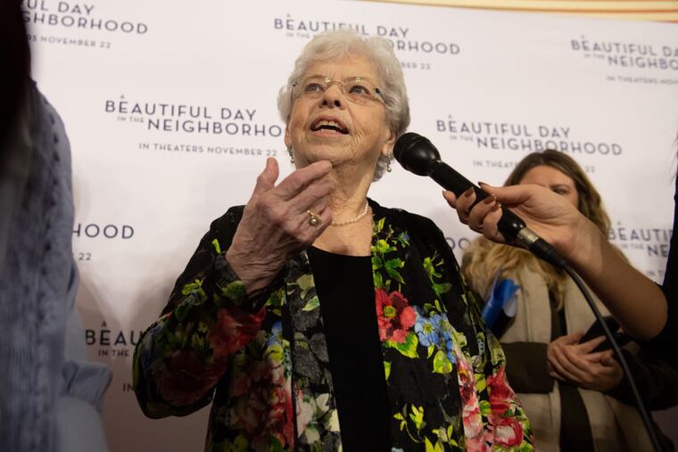 Joanne Rogers, center, wife of Fred Rogers, attends "A Beautiful Day in the Neighborhood" movie premiere in 2019.
