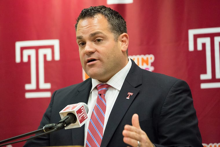 Temple Athletic Director Dr. Patrick Kraft, speaks during a press conference to announce that Temple's Head Football Coach Matt Rhule is leaving Temple for the head caoching job at Baylor, at the Liacouras Center, in Philadelphia, December 6, 2016. JESSICA GRIFFIN / Staff Photographer