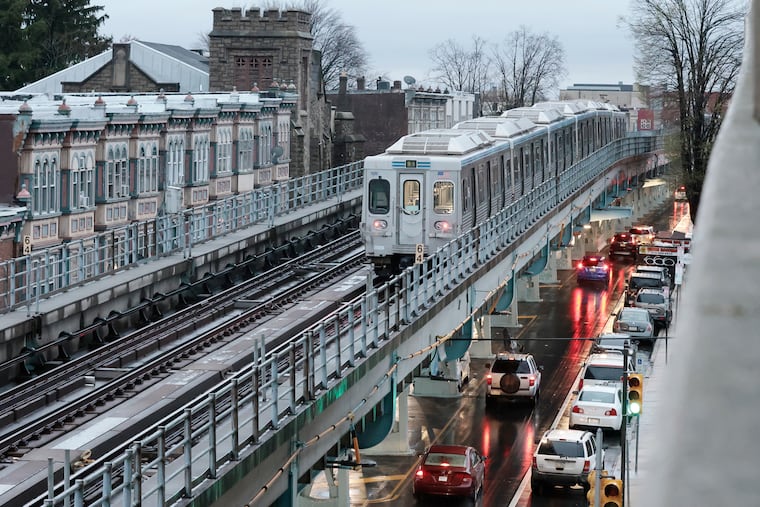 A SEPTA Market-Frankford train heads away from the Frankford Transportation Center.