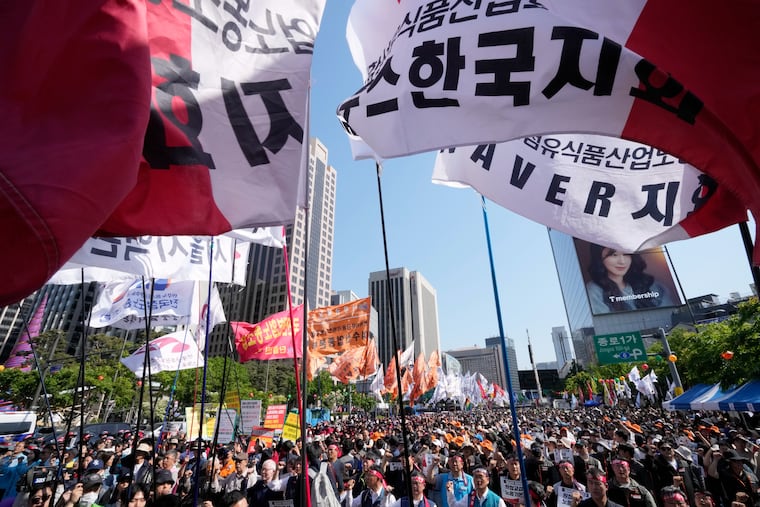 Members of the Korean Confederation of Trade Unions stage a rally on May Day in Seoul, South Korea, Friday, May 1, 2026.