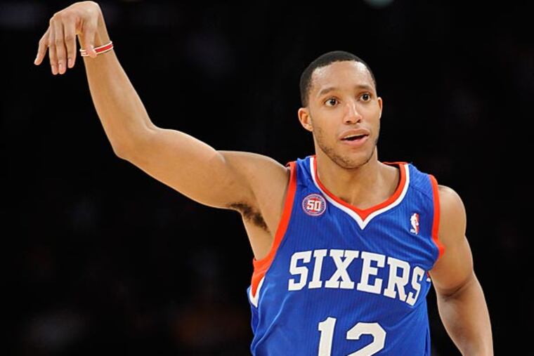 Philadelphia 76ers forward Evan Turner celebrates a three point basket in the second half of a NBA basketball game against Los Angeles Lakers, Tuesday, Jan. 1, 2013, in Los Angeles. The 76ers won 103-99. (AP Photo/Gus Ruelas)
